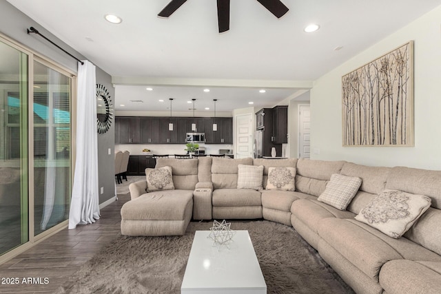 2250 E Palmdale Ln, Gilbert, AZ 85298 - living room with dark wood-style floors, ceiling fan, and recessed lighting