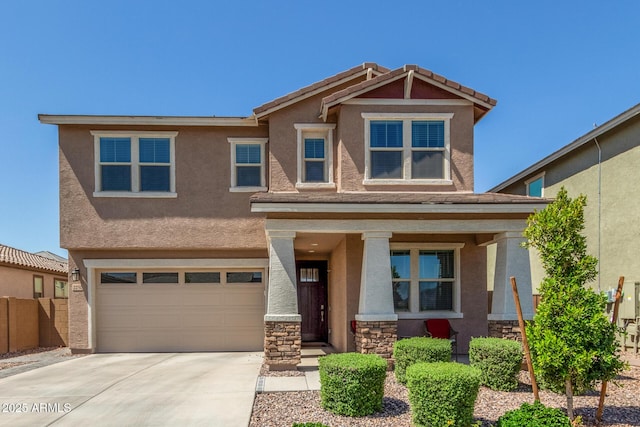2250 E Palmdale Ln, Gilbert, AZ 85298 - view of front of property with an attached garage, stucco siding, concrete driveway, stone siding, and covered porch