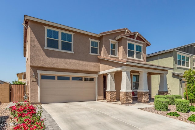 2250 E Palmdale Ln, Gilbert, AZ 85298 - craftsman inspired home with an attached garage, covered porch, and stucco siding