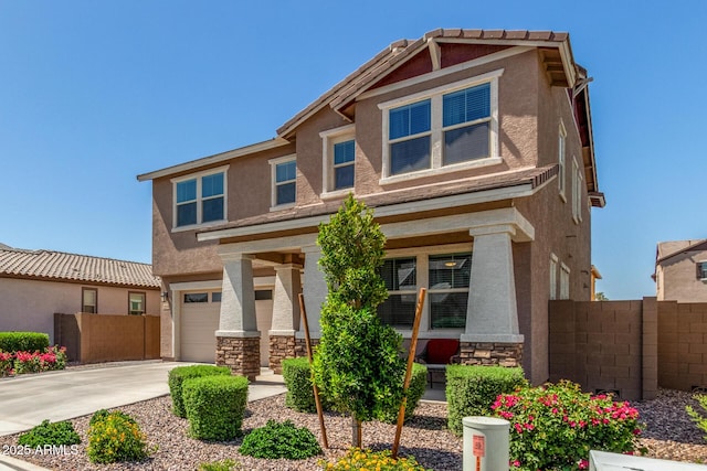 2250 E Palmdale Ln, Gilbert, AZ 85298 - craftsman house with stone siding, an attached garage, concrete driveway, and stucco siding