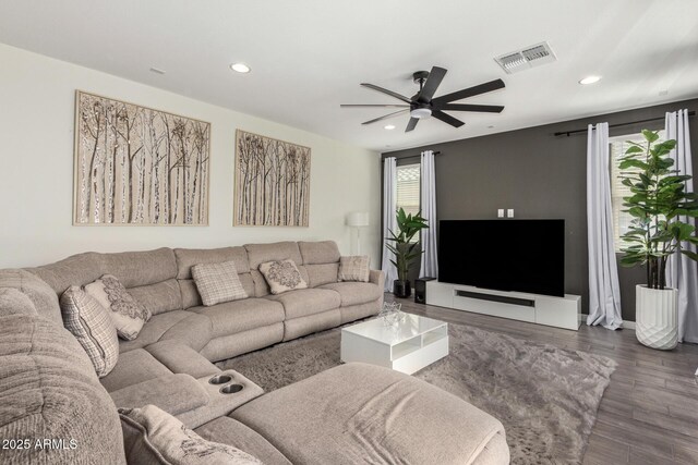 2250 E Palmdale Ln, Gilbert, AZ 85298 - living area with recessed lighting, ceiling fan, and wood finished floors