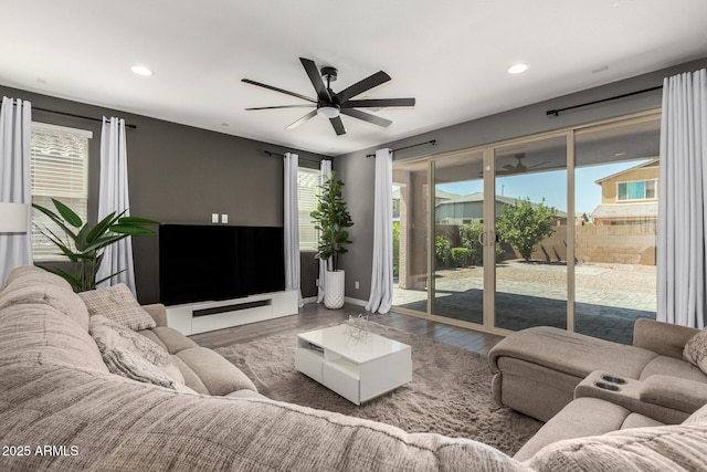 2250 E Palmdale Ln, Gilbert, AZ 85298 - living area featuring wood finished floors, a ceiling fan, recessed lighting, and baseboards