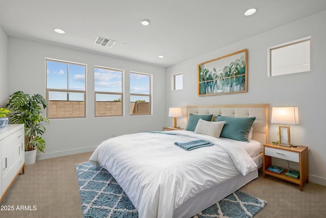 bedroom featuring baseboards, carpet, recessed lighting, and visible vents