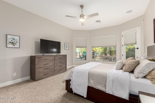 16201 S 29th Ave, Phoenix, AZ 85045 - bedroom with baseboards, light colored carpet, ceiling fan, and visible vents