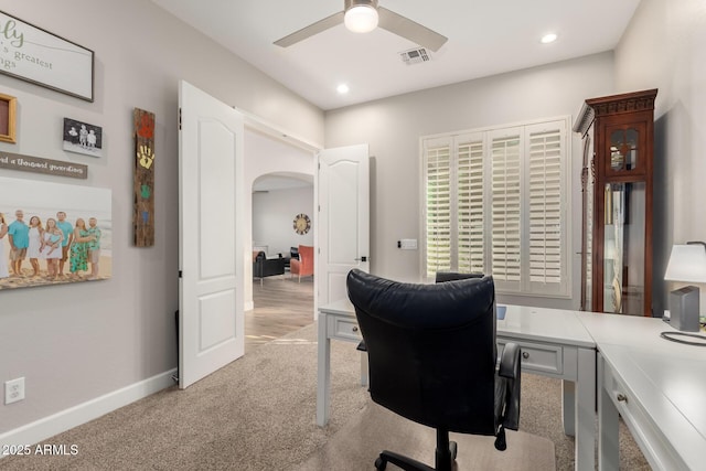 16201 S 29th Ave, Phoenix, AZ 85045 - office featuring visible vents, light carpet, ceiling fan, recessed lighting, and arched walkways