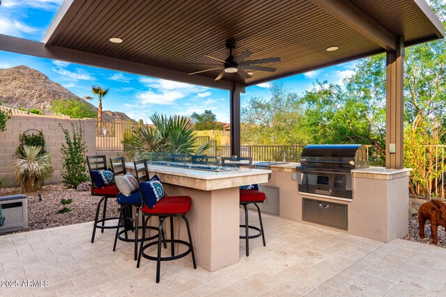 16201 S 29th Ave, Phoenix, AZ 85045 - view of patio featuring a fenced backyard, area for grilling, outdoor wet bar, exterior kitchen, and a mountain view