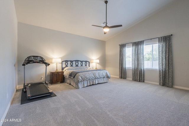 carpeted bedroom featuring ceiling fan and high vaulted ceiling