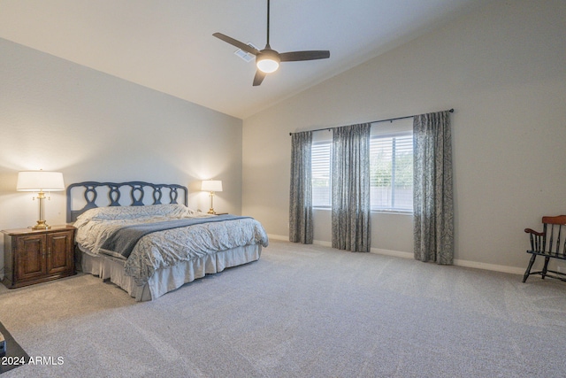 bedroom featuring high vaulted ceiling, light carpet, and ceiling fan