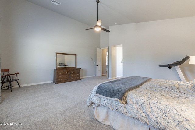 bedroom featuring high vaulted ceiling, carpet floors, and ceiling fan