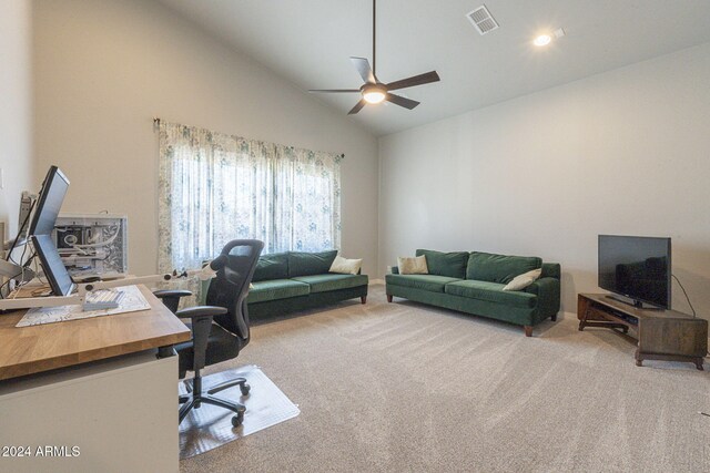 home office with ceiling fan, carpet flooring, and high vaulted ceiling