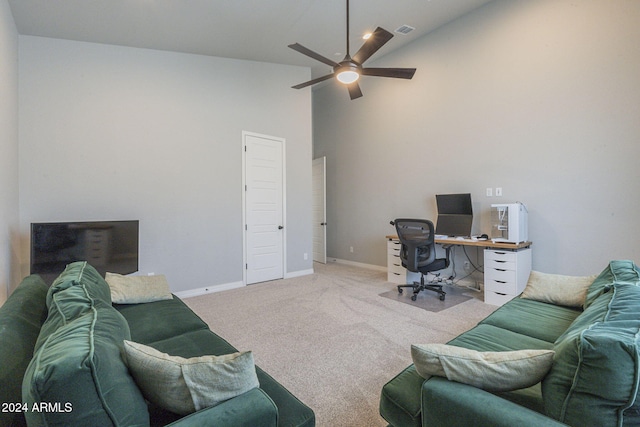 office with high vaulted ceiling, carpet flooring, and ceiling fan