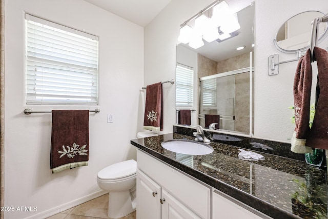 full bath with a shower stall, tile patterned floors, vanity, and toilet