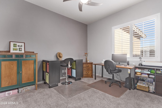 office area with ceiling fan and carpet flooring