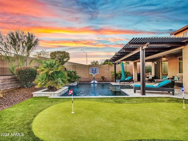 pool at dusk featuring an outdoor living space, a pergola, and a patio