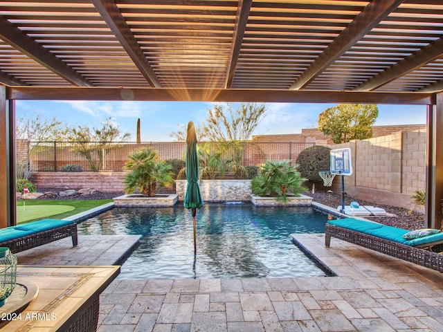 view of pool featuring a pergola, a patio area, and pool water feature