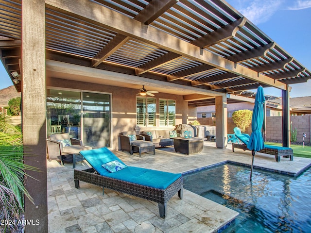 view of patio / terrace with a pergola, outdoor lounge area, ceiling fan, and a fenced in pool