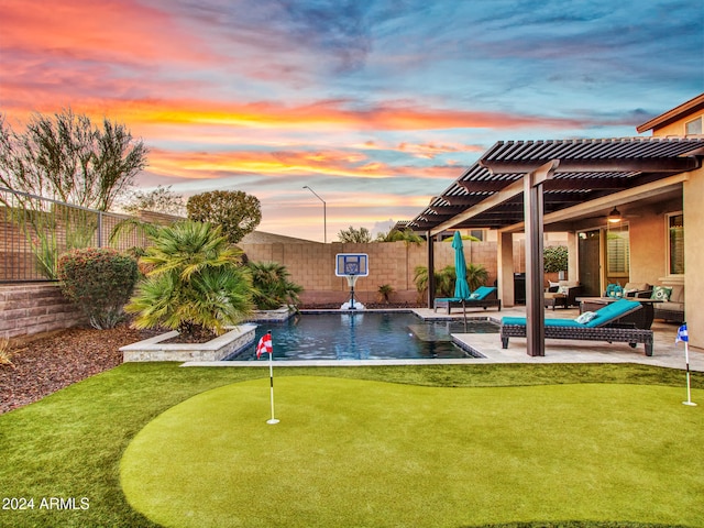 pool at dusk with outdoor lounge area, a pergola, a patio, and pool water feature