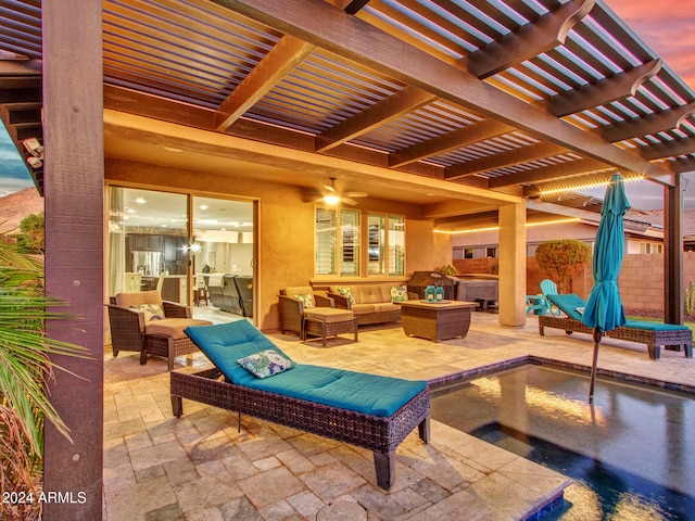 patio terrace at dusk featuring a pergola, an outdoor living space, and ceiling fan