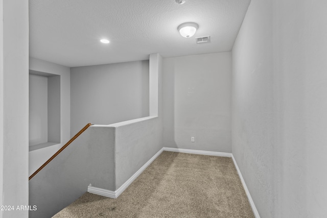 basement featuring carpet flooring and a textured ceiling