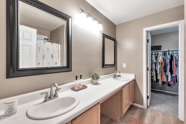 bathroom with vanity and hardwood / wood-style flooring