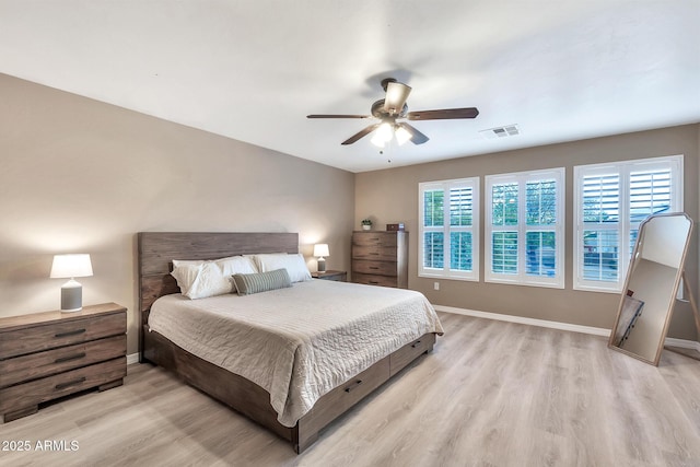 bedroom featuring ceiling fan and light hardwood / wood-style floors