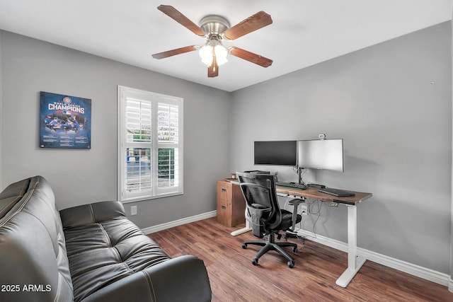 office area with ceiling fan and hardwood / wood-style floors