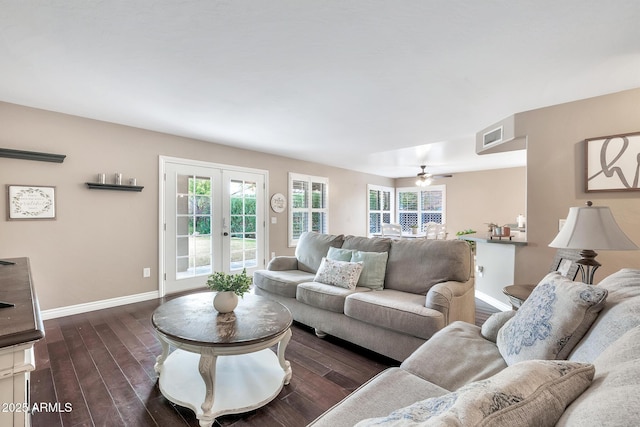 living room featuring french doors, dark hardwood / wood-style floors, and ceiling fan