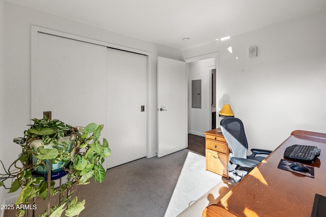 office featuring electric panel and dark colored carpet