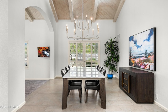 dining space featuring a chandelier, high vaulted ceiling, beamed ceiling, and wood ceiling