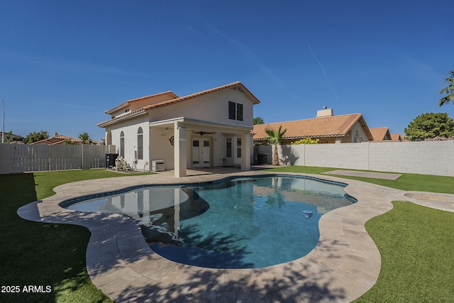 1610 W Maplewood St, Chandler, AZ 85286 - view of pool with ceiling fan, a patio area, and french doors