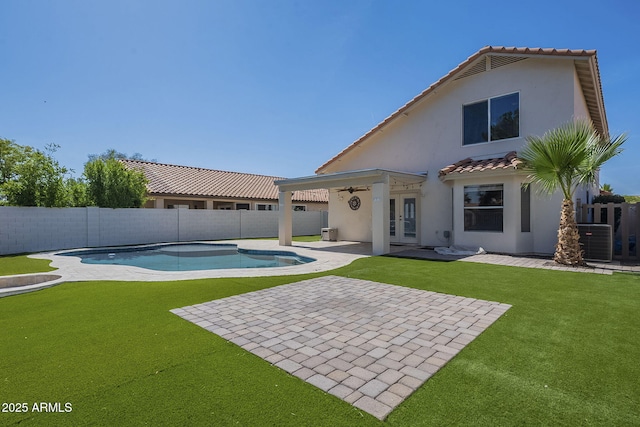 1610 W Maplewood St, Chandler, AZ 85286 - back of property featuring french doors, a tile roof, stucco siding, a patio area, and central AC