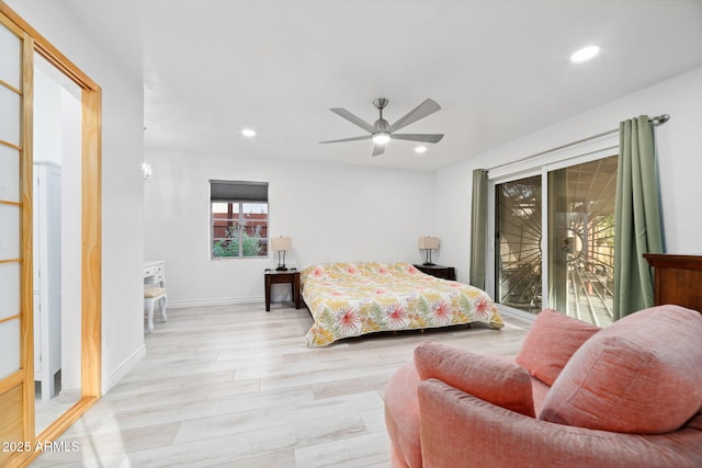 bedroom with light hardwood / wood-style flooring, access to outside, and ceiling fan