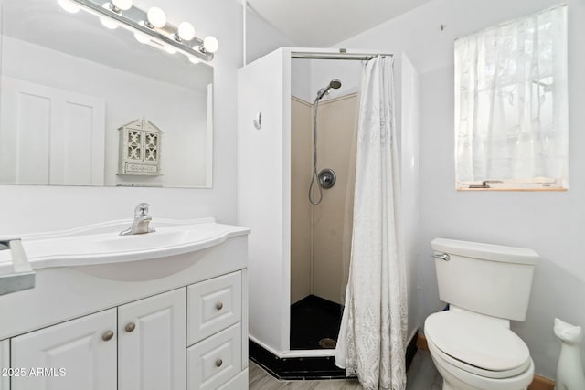 bathroom with vanity, walk in shower, and toilet