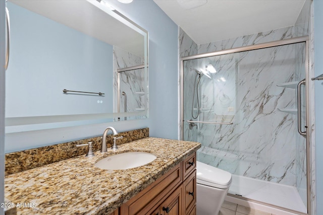 16804 E Monterey Dr, Fountain Hills, AZ 85268 - full bathroom with toilet, a marble finish shower, tile patterned flooring, and vanity