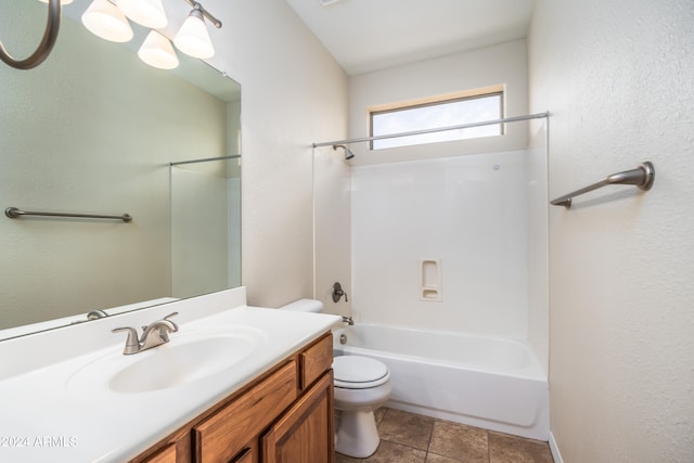 full bathroom with bathing tub / shower combination, tile floors, toilet, and vanity