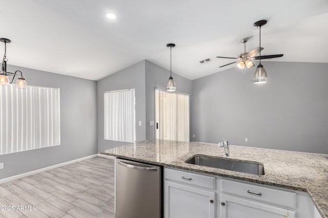 8341 W Cypress St, Phoenix, AZ 85037 - kitchen featuring dishwasher, vaulted ceiling, ceiling fan, white cabinets, and decorative light fixtures