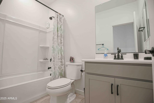 full bathroom featuring vanity, tile patterned flooring, shower / bath combination with curtain, and toilet