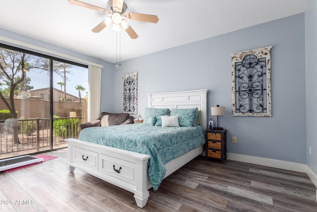 bedroom featuring access to outside, ceiling fan, baseboards, and wood finished floors