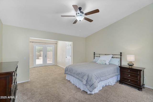 bedroom featuring french doors, access to exterior, light colored carpet, lofted ceiling, and baseboards