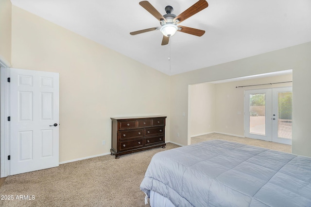 bedroom with french doors, light carpet, access to exterior, baseboards, and high vaulted ceiling