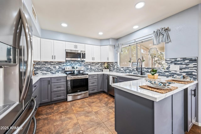 1638 N Avoca, Mesa, AZ 85207 - kitchen with stainless steel appliances, gray cabinetry, a sink, decorative backsplash, and recessed lighting