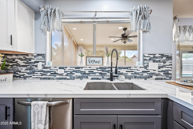 1638 N Avoca, Mesa, AZ 85207 - kitchen with gray cabinetry, stainless steel dishwasher, a sink, a ceiling fan, and backsplash