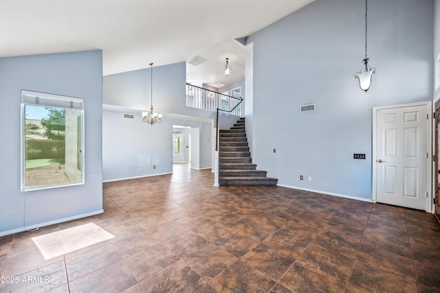 1638 N Avoca, Mesa, AZ 85207 - unfurnished living room featuring high vaulted ceiling, a chandelier, baseboards, and stairs