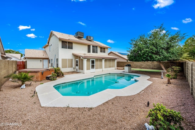 1638 N Avoca, Mesa, AZ 85207 - view of swimming pool with a hot tub, a fenced backyard, cooling unit, and a patio