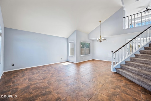 1638 N Avoca, Mesa, AZ 85207 - unfurnished living room with high vaulted ceiling, plenty of natural light, a chandelier, stairway, and baseboards