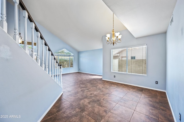 1638 N Avoca, Mesa, AZ 85207 - unfurnished living room with baseboards, a chandelier, stairs, and vaulted ceiling
