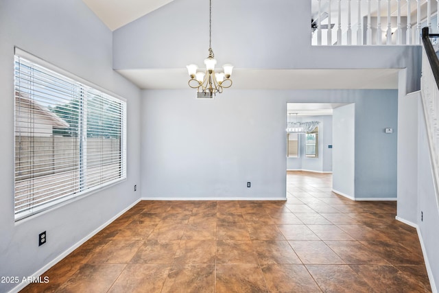 1638 N Avoca, Mesa, AZ 85207 - empty room featuring a chandelier, baseboards, and high vaulted ceiling