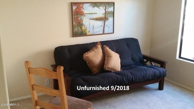 living area with baseboards and carpet flooring