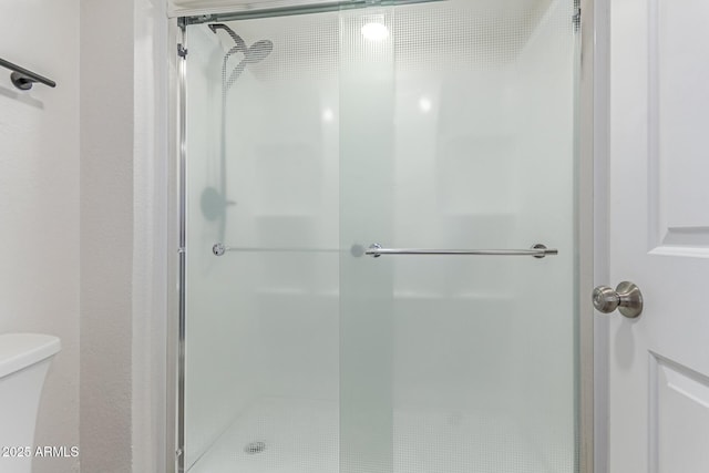 full bathroom featuring toilet and a stall shower