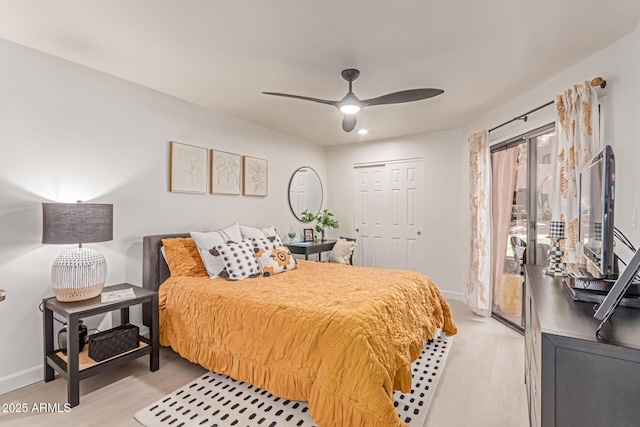 bedroom with access to outside, baseboards, ceiling fan, and light wood-type flooring
